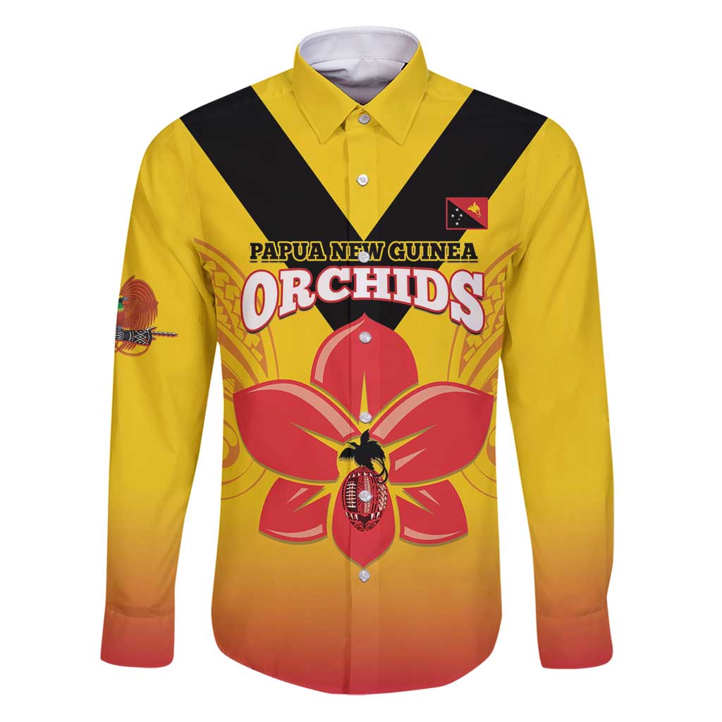 Orchids PNG Rugby Custom Family Matching Puletasi and Hawaiian Shirt Go Champions Papua New Guinea LT14 Dad's Shirt - Long Sleeve Yellow - Polynesian Pride