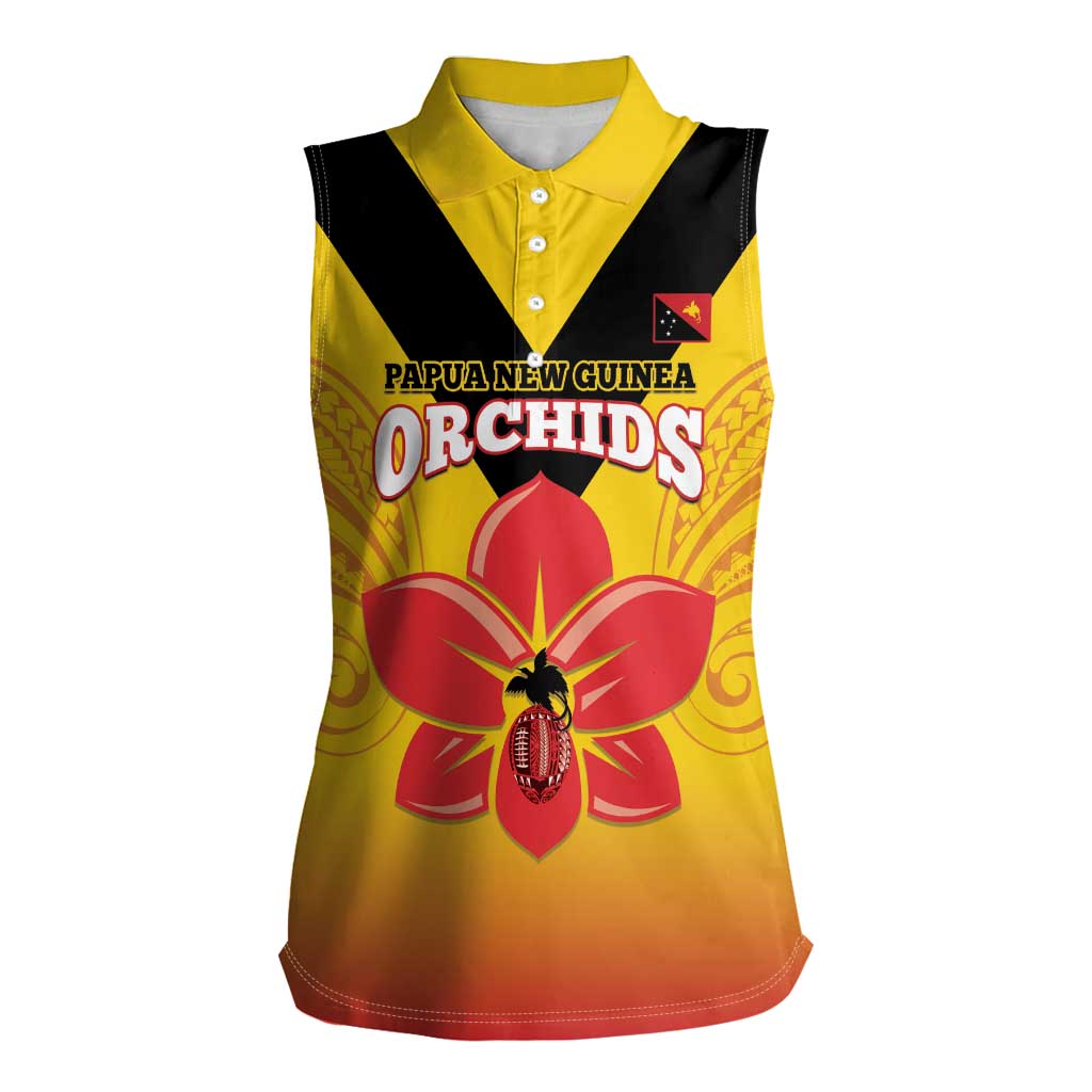 Orchids PNG Rugby Custom Women Sleeveless Polo Shirt Go Champions Papua New Guinea LT14 Female Yellow - Polynesian Pride