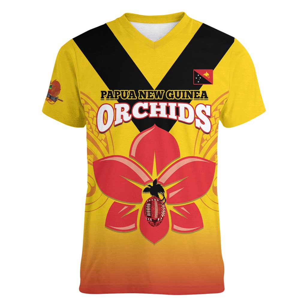 Orchids PNG Rugby Custom Women V-Neck T-Shirt Go Champions Papua New Guinea LT14 Female Yellow - Polynesian Pride