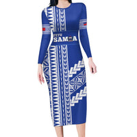Fetu Samoa Rugby Custom Family Matching Long Sleeve Bodycon Dress and Hawaiian Shirt Siapo Pattern - Sporty Style LT14 Mom's Dress Blue - Polynesian Pride