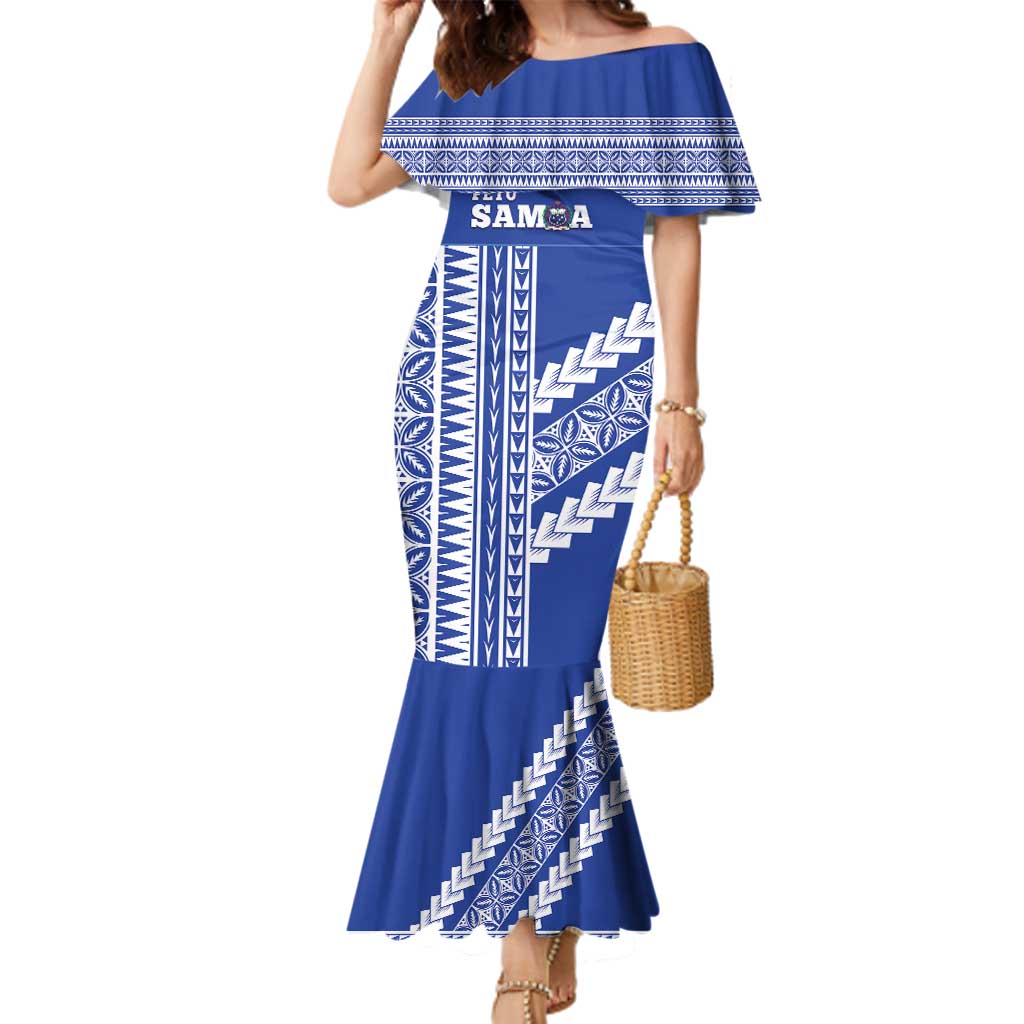 Fetu Samoa Rugby Custom Family Matching Mermaid Dress and Hawaiian Shirt Siapo Pattern - Sporty Style LT14 Mom's Dress Blue - Polynesian Pride