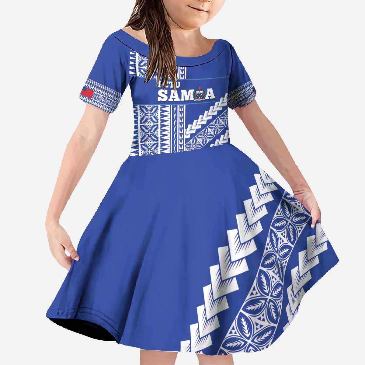 Fetu Samoa Rugby Custom Family Matching Off The Shoulder Long Sleeve Dress and Hawaiian Shirt Siapo Pattern - Sporty Style LT14 Daughter's Dress Blue - Polynesian Pride
