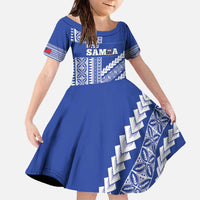 Fetu Samoa Rugby Custom Family Matching Off The Shoulder Long Sleeve Dress and Hawaiian Shirt Siapo Pattern - Sporty Style LT14 Daughter's Dress Blue - Polynesian Pride