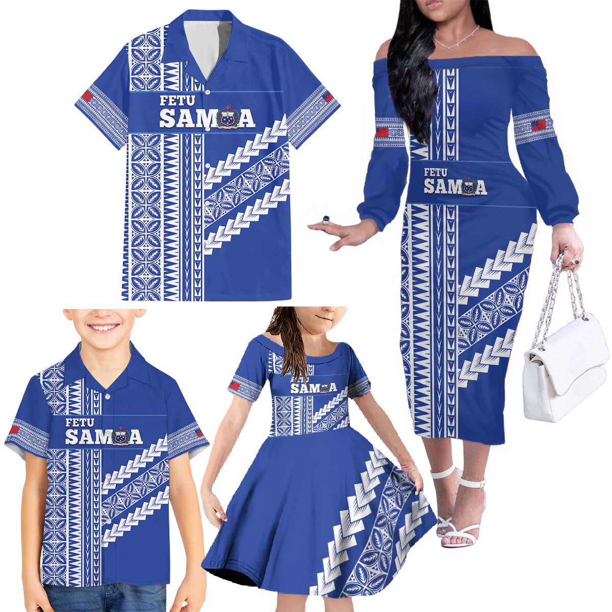 Fetu Samoa Rugby Custom Family Matching Off The Shoulder Long Sleeve Dress and Hawaiian Shirt Siapo Pattern - Sporty Style LT14 - Polynesian Pride