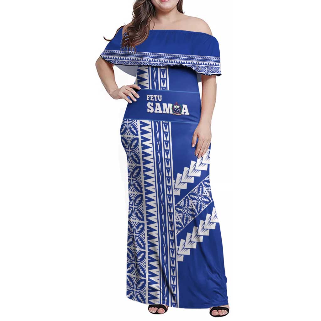 Fetu Samoa Rugby Custom Family Matching Off Shoulder Maxi Dress and Hawaiian Shirt Siapo Pattern - Sporty Style LT14 Mom's Dress Blue - Polynesian Pride