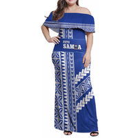 Fetu Samoa Rugby Custom Family Matching Off Shoulder Maxi Dress and Hawaiian Shirt Siapo Pattern - Sporty Style LT14 Mom's Dress Blue - Polynesian Pride