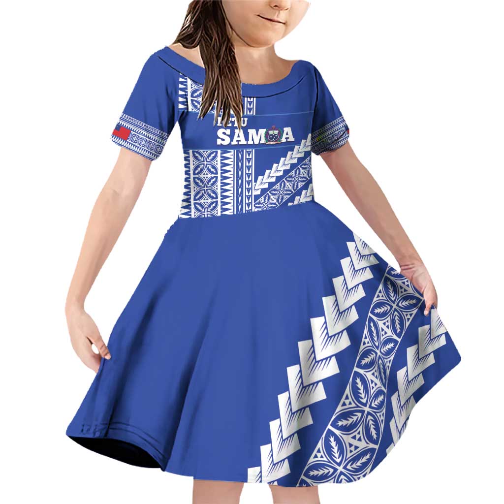 Fetu Samoa Rugby Custom Family Matching Off Shoulder Short Dress and Hawaiian Shirt Siapo Pattern - Sporty Style LT14 Daughter's Dress Blue - Polynesian Pride