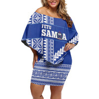 Fetu Samoa Rugby Custom Family Matching Off Shoulder Short Dress and Hawaiian Shirt Siapo Pattern - Sporty Style LT14 Mom's Dress Blue - Polynesian Pride