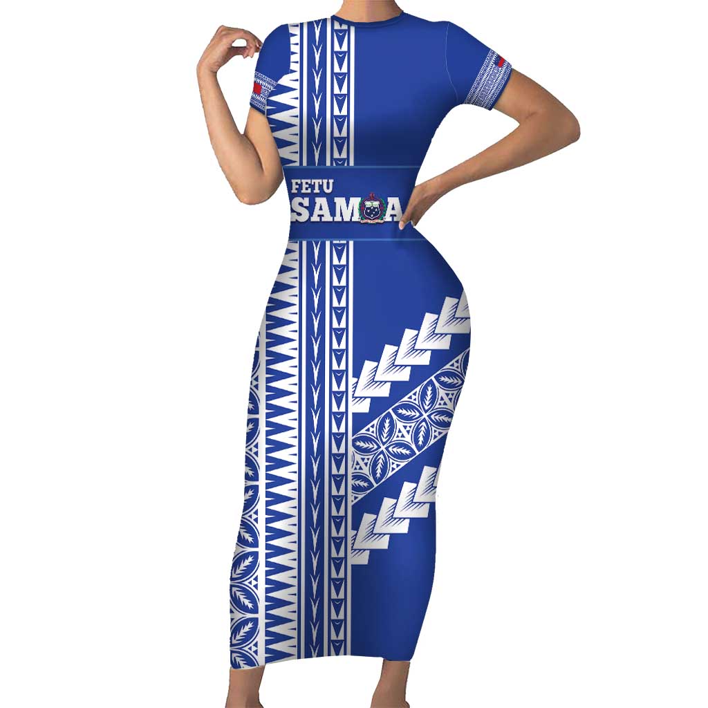 Fetu Samoa Rugby Custom Family Matching Short Sleeve Bodycon Dress and Hawaiian Shirt Siapo Pattern - Sporty Style LT14 Mom's Dress Blue - Polynesian Pride