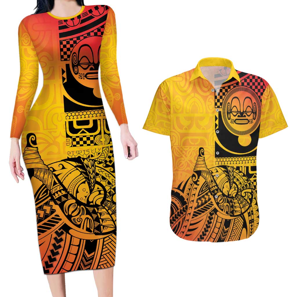 Marquesas Islands Couples Matching Long Sleeve Bodycon Dress and Hawaiian Shirt Marquesan Matatiki Fish Hook Patutiki LT14 Yellow - Polynesian Pride