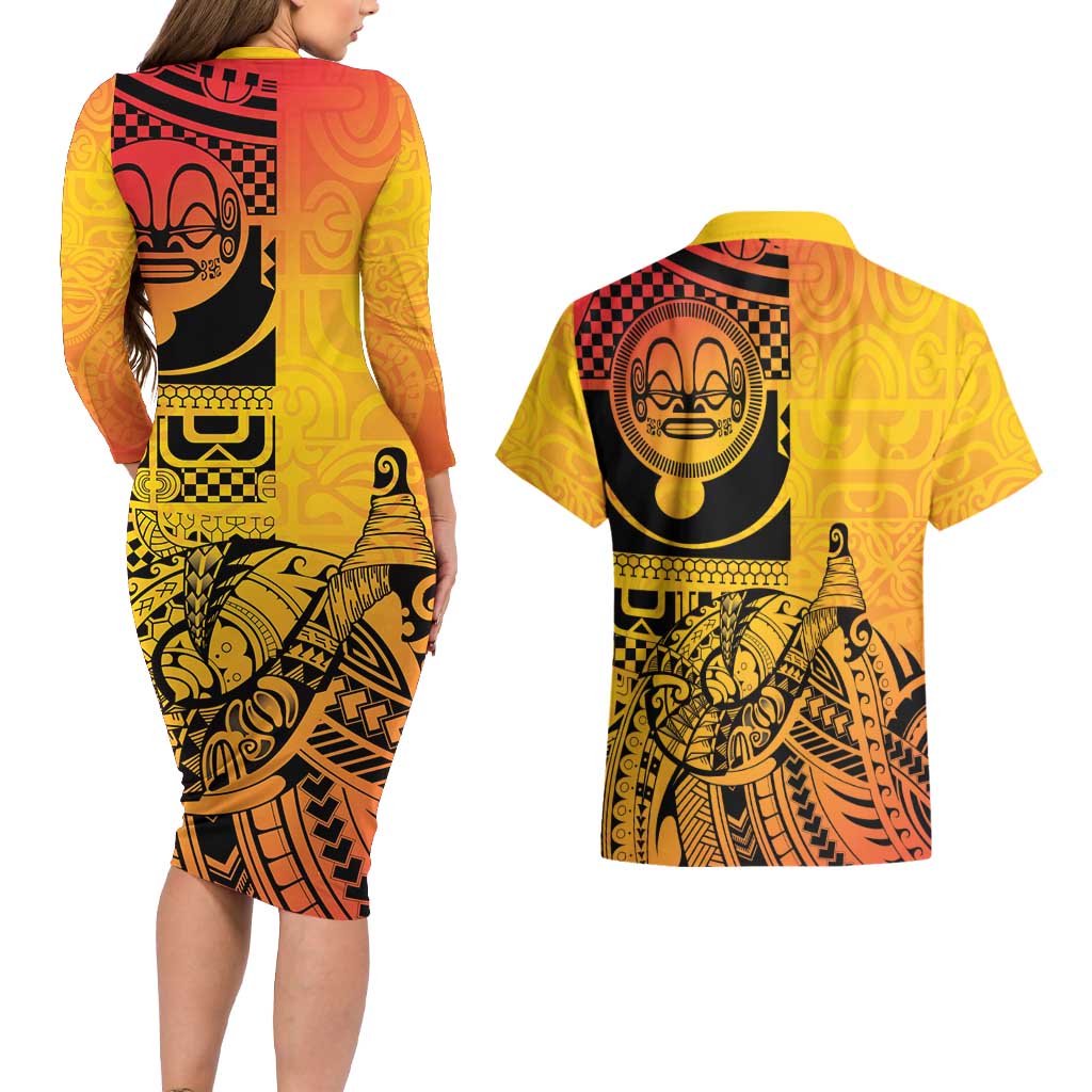 Marquesas Islands Couples Matching Long Sleeve Bodycon Dress and Hawaiian Shirt Marquesan Matatiki Fish Hook Patutiki LT14 - Polynesian Pride