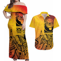 Marquesas Islands Couples Matching Off Shoulder Maxi Dress and Hawaiian Shirt Marquesan Matatiki Fish Hook Patutiki - Polynesian Pride