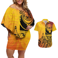 Marquesas Islands Couples Matching Off Shoulder Short Dress and Hawaiian Shirt Marquesan Matatiki Fish Hook Patutiki - Polynesian Pride