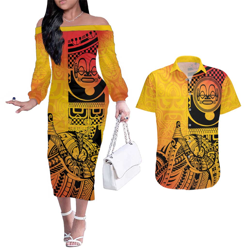 Marquesas Islands Couples Matching Off The Shoulder Long Sleeve Dress and Hawaiian Shirt Marquesan Matatiki Fish Hook Patutiki LT14 Yellow - Polynesian Pride