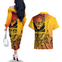 Marquesas Islands Couples Matching Off The Shoulder Long Sleeve Dress and Hawaiian Shirt Marquesan Matatiki Fish Hook Patutiki LT14 - Polynesian Pride