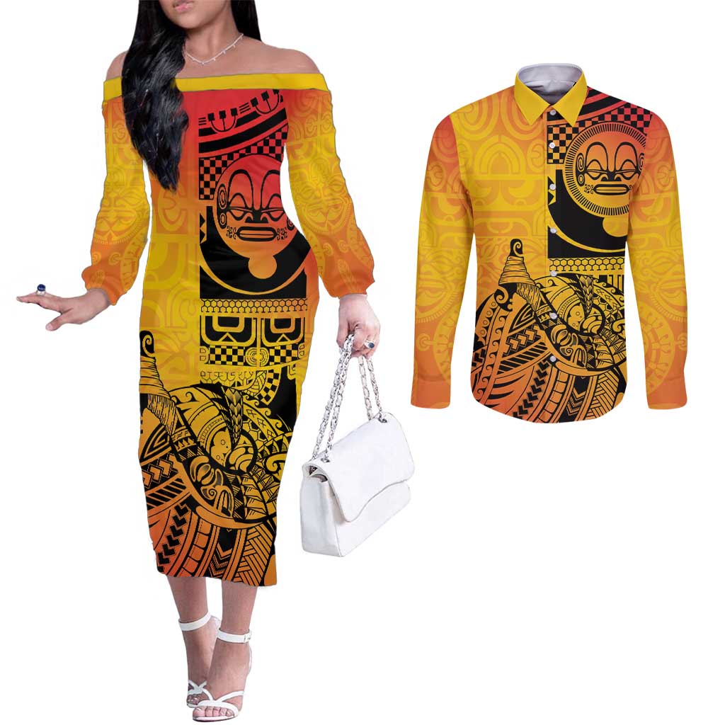 Marquesas Islands Couples Matching Off The Shoulder Long Sleeve Dress and Long Sleeve Button Shirt Marquesan Matatiki Fish Hook Patutiki LT14 Yellow - Polynesian Pride