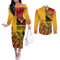 Marquesas Islands Couples Matching Off The Shoulder Long Sleeve Dress and Long Sleeve Button Shirt Marquesan Matatiki Fish Hook Patutiki LT14 Yellow - Polynesian Pride