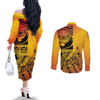 Marquesas Islands Couples Matching Off The Shoulder Long Sleeve Dress and Long Sleeve Button Shirt Marquesan Matatiki Fish Hook Patutiki LT14 - Polynesian Pride