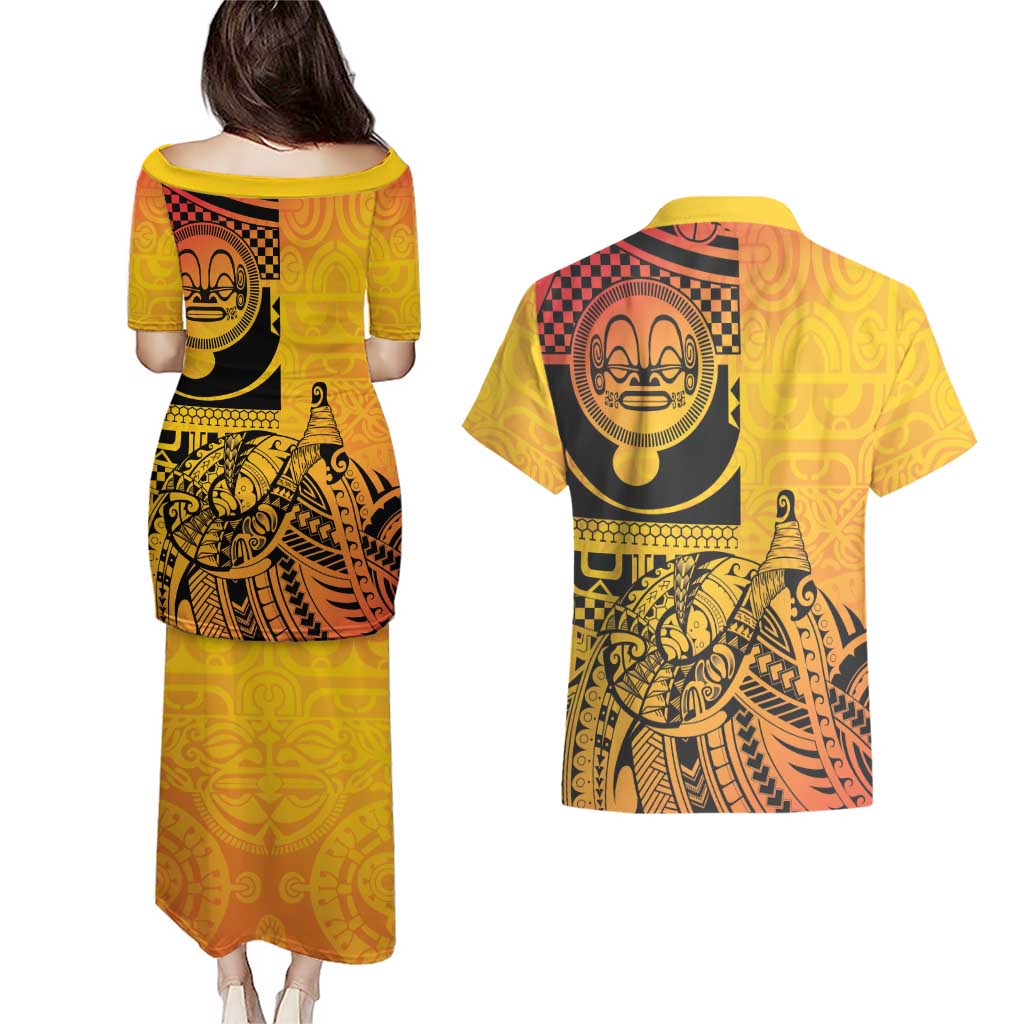 Marquesas Islands Couples Matching Puletasi and Hawaiian Shirt Marquesan Matatiki Fish Hook Patutiki - Polynesian Pride