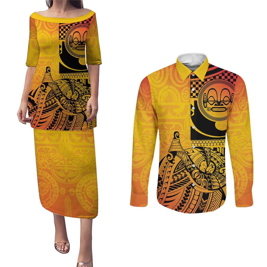 Marquesas Islands Couples Matching Puletasi and Long Sleeve Button Shirt Marquesan Matatiki Fish Hook Patutiki - Polynesian Pride