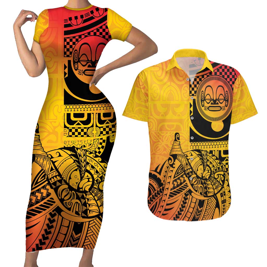 Marquesas Islands Couples Matching Short Sleeve Bodycon Dress and Hawaiian Shirt Marquesan Matatiki Fish Hook Patutiki LT14 Yellow - Polynesian Pride
