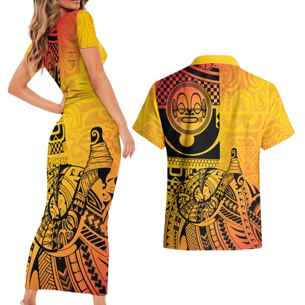Marquesas Islands Couples Matching Short Sleeve Bodycon Dress and Hawaiian Shirt Marquesan Matatiki Fish Hook Patutiki LT14 - Polynesian Pride