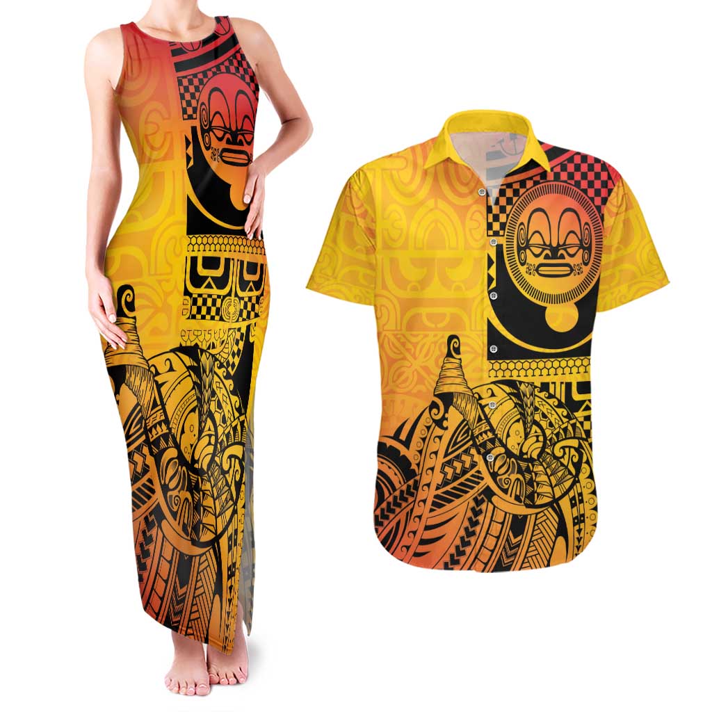 Marquesas Islands Couples Matching Tank Maxi Dress and Hawaiian Shirt Marquesan Matatiki Fish Hook Patutiki - Polynesian Pride