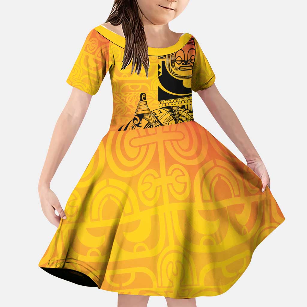 Marquesas Islands Family Matching Off The Shoulder Long Sleeve Dress and Hawaiian Shirt Marquesan Matatiki Fish Hook Patutiki LT14 Daughter's Dress Yellow - Polynesian Pride