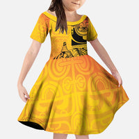 Marquesas Islands Family Matching Off Shoulder Maxi Dress and Hawaiian Shirt Marquesan Matatiki Fish Hook Patutiki LT14 Daughter's Dress Yellow - Polynesian Pride