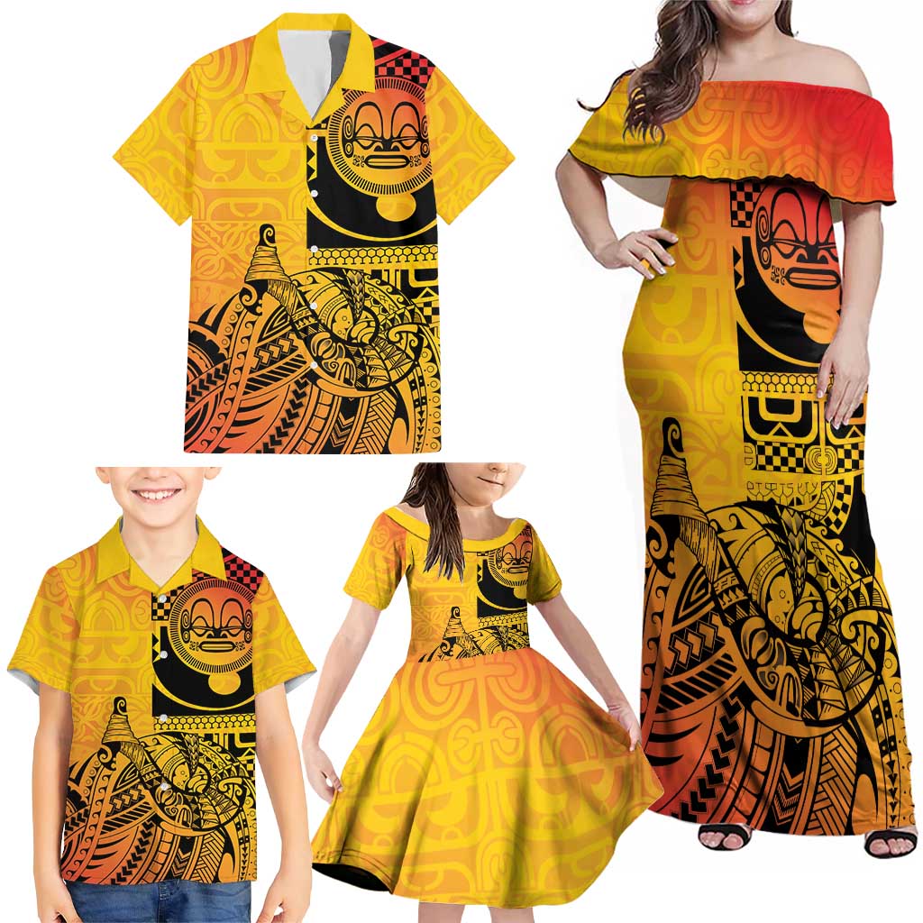 Marquesas Islands Family Matching Off Shoulder Maxi Dress and Hawaiian Shirt Marquesan Matatiki Fish Hook Patutiki LT14 - Polynesian Pride