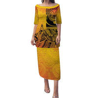 Marquesas Islands Family Matching Puletasi and Hawaiian Shirt Marquesan Matatiki Fish Hook Patutiki LT14 Mom's Dress Yellow - Polynesian Pride