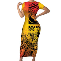 Marquesas Islands Family Matching Short Sleeve Bodycon Dress and Hawaiian Shirt Marquesan Matatiki Fish Hook Patutiki LT14 Mom's Dress Yellow - Polynesian Pride