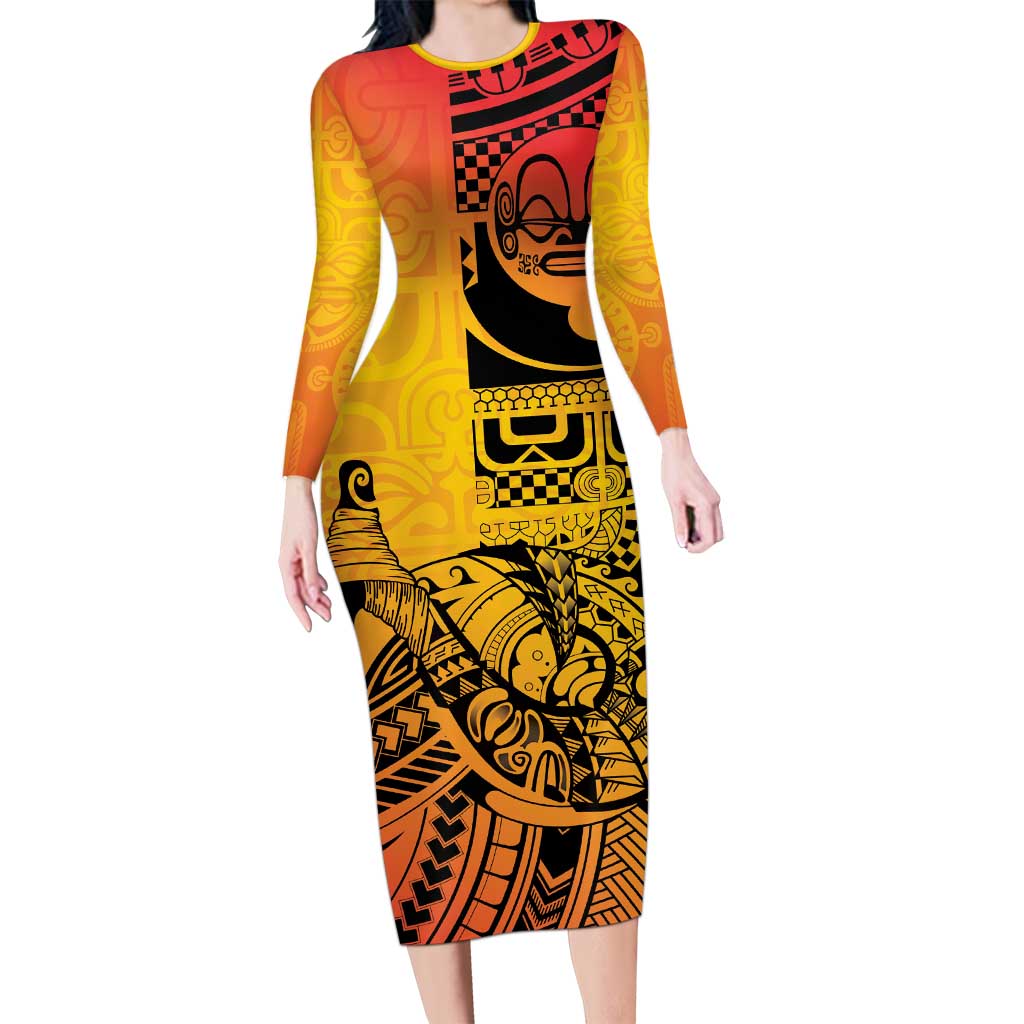 Marquesas Islands Long Sleeve Bodycon Dress Marquesan Matatiki Fish Hook Patutiki LT14 Long Dress Yellow - Polynesian Pride