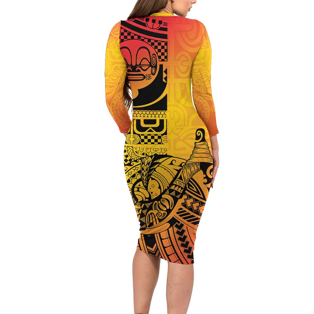 Marquesas Islands Long Sleeve Bodycon Dress Marquesan Matatiki Fish Hook Patutiki LT14 - Polynesian Pride