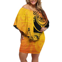 Marquesas Islands Off Shoulder Short Dress Marquesan Matatiki Fish Hook Patutiki LT14 Women Yellow - Polynesian Pride