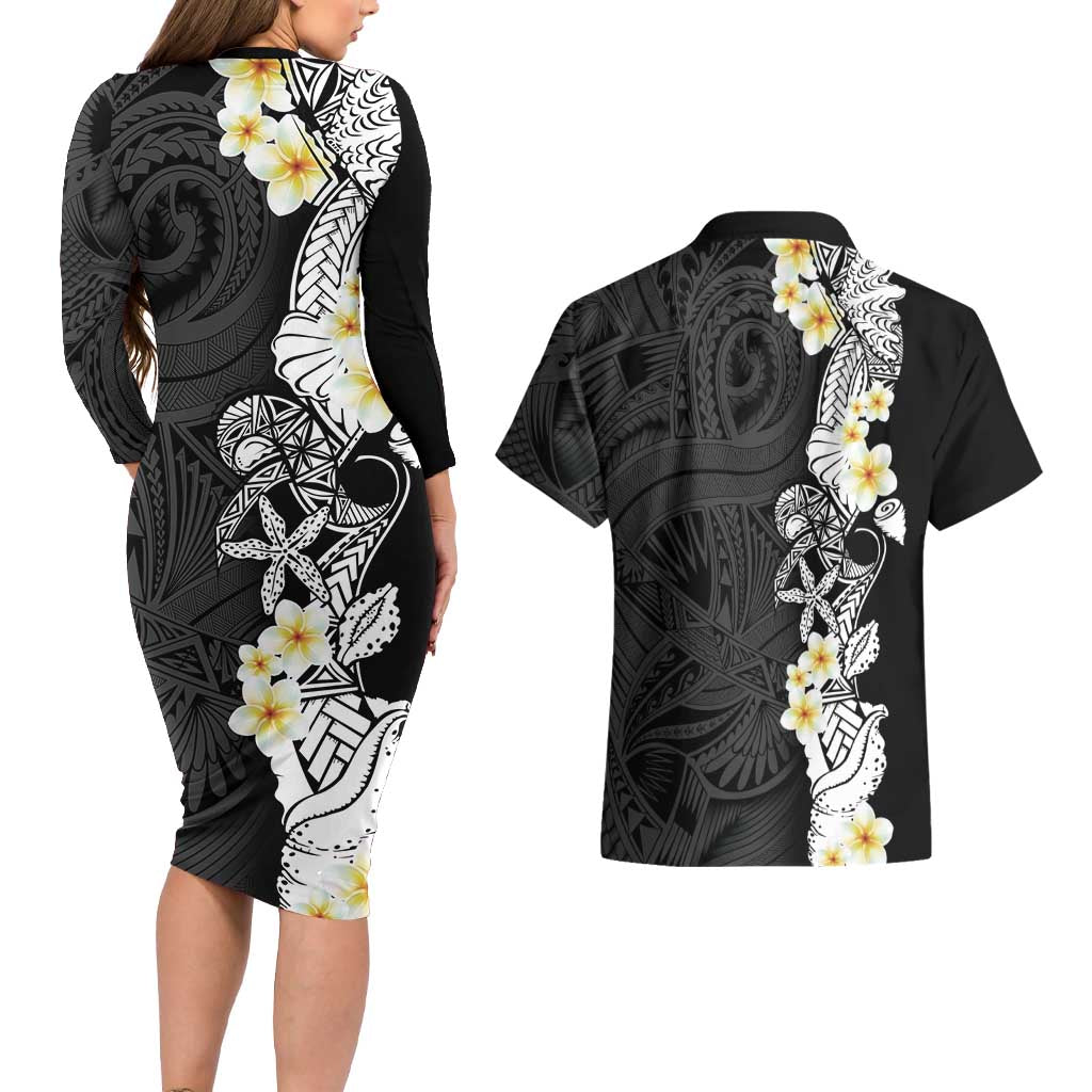 Black Samoa Tattoo Couples Matching Long Sleeve Bodycon Dress and Hawaiian Shirt Plumeria Samoan Ocean Tatau Pattern LT14 - Polynesian Pride