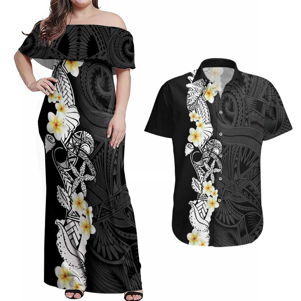 Black Samoa Tattoo Couples Matching Off Shoulder Maxi Dress and Hawaiian Shirt Plumeria Samoan Ocean Tatau Pattern LT14 Black - Polynesian Pride