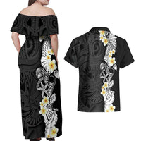 Black Samoa Tattoo Couples Matching Off Shoulder Maxi Dress and Hawaiian Shirt Plumeria Samoan Ocean Tatau Pattern LT14 - Polynesian Pride