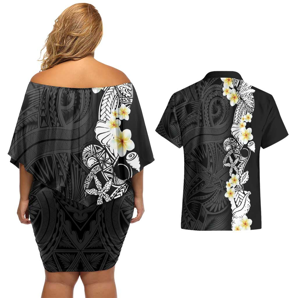 Black Samoa Tattoo Couples Matching Off Shoulder Short Dress and Hawaiian Shirt Plumeria Samoan Ocean Tatau Pattern LT14 - Polynesian Pride