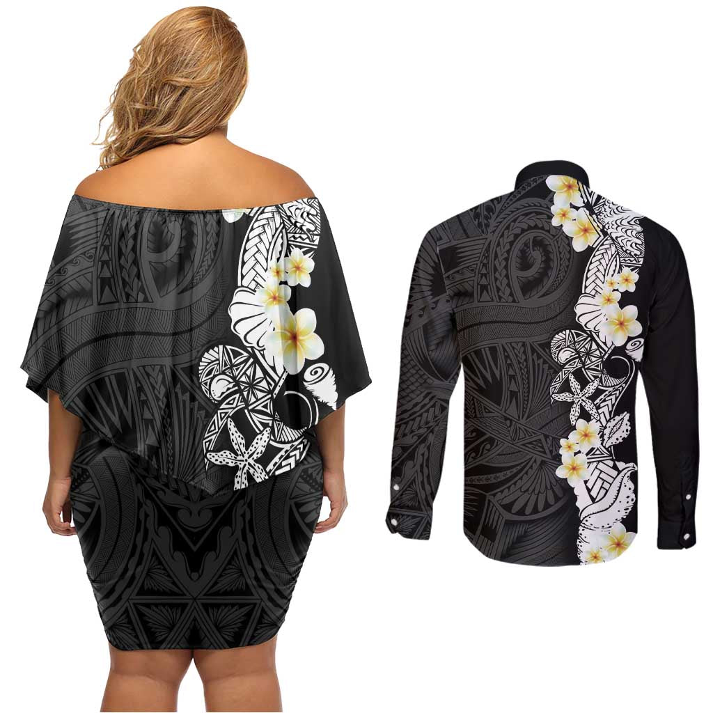 Black Samoa Tattoo Couples Matching Off Shoulder Short Dress and Long Sleeve Button Shirt Plumeria Samoan Ocean Tatau Pattern - Polynesian Pride