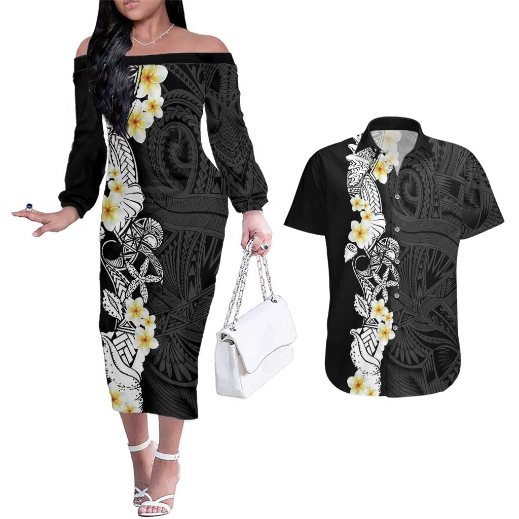 Black Samoa Tattoo Couples Matching Off The Shoulder Long Sleeve Dress and Hawaiian Shirt Plumeria Samoan Ocean Tatau Pattern LT14 Black - Polynesian Pride