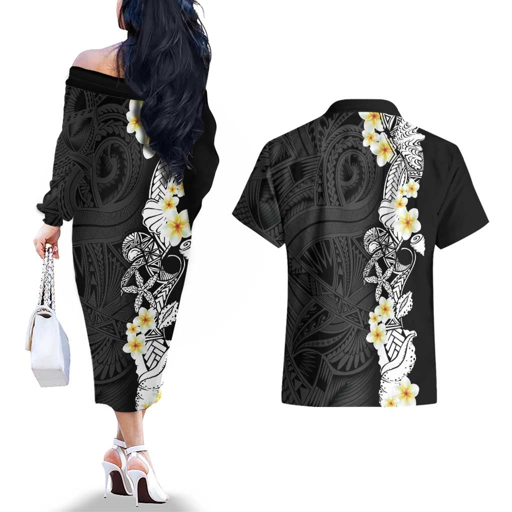 Black Samoa Tattoo Couples Matching Off The Shoulder Long Sleeve Dress and Hawaiian Shirt Plumeria Samoan Ocean Tatau Pattern LT14 - Polynesian Pride