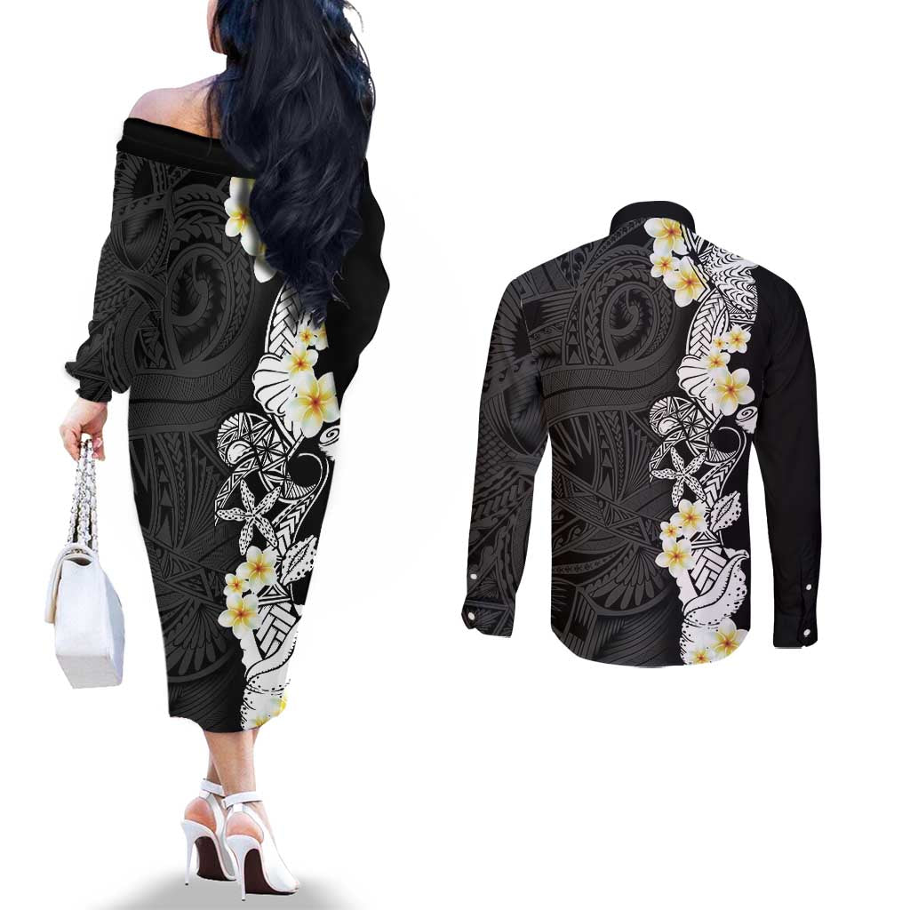 Black Samoa Tattoo Couples Matching Off The Shoulder Long Sleeve Dress and Long Sleeve Button Shirt Plumeria Samoan Ocean Tatau Pattern LT14 - Polynesian Pride