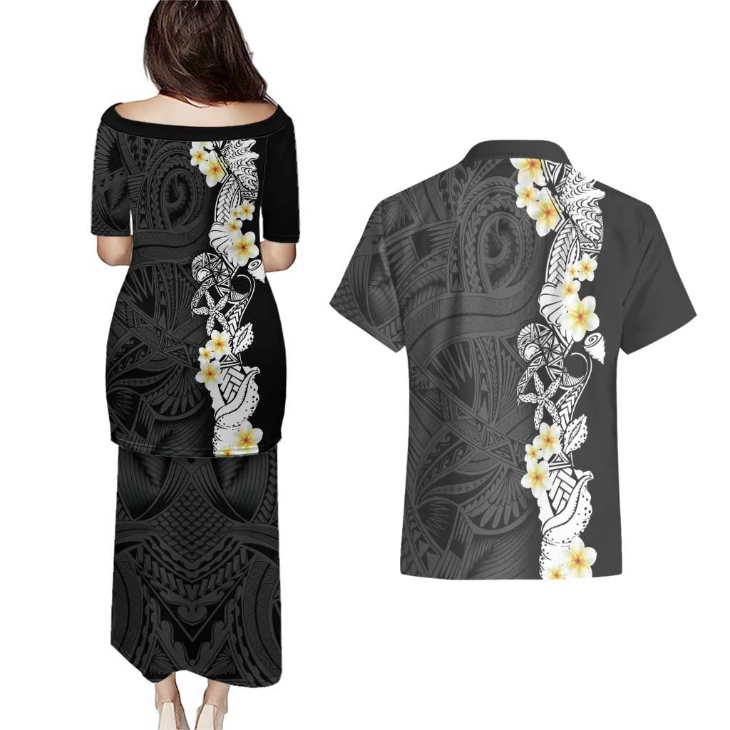 Black Samoa Tattoo Couples Matching Puletasi and Hawaiian Shirt Plumeria Samoan Ocean Tatau Pattern - Polynesian Pride