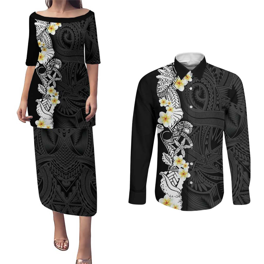 Black Samoa Tattoo Couples Matching Puletasi and Long Sleeve Button Shirt Plumeria Samoan Ocean Tatau Pattern - Polynesian Pride