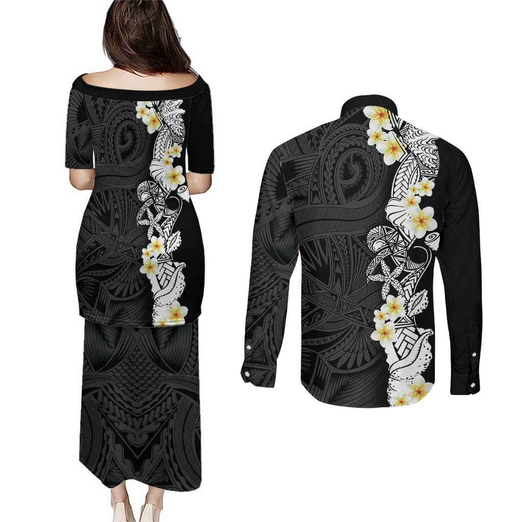 Black Samoa Tattoo Couples Matching Puletasi and Long Sleeve Button Shirt Plumeria Samoan Ocean Tatau Pattern - Polynesian Pride