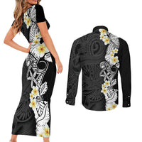Black Samoa Tattoo Couples Matching Short Sleeve Bodycon Dress and Long Sleeve Button Shirt Plumeria Samoan Ocean Tatau Pattern LT14 - Polynesian Pride