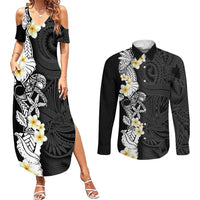 Black Samoa Tattoo Couples Matching Summer Maxi Dress and Long Sleeve Button Shirt Plumeria Samoan Ocean Tatau Pattern - Polynesian Pride