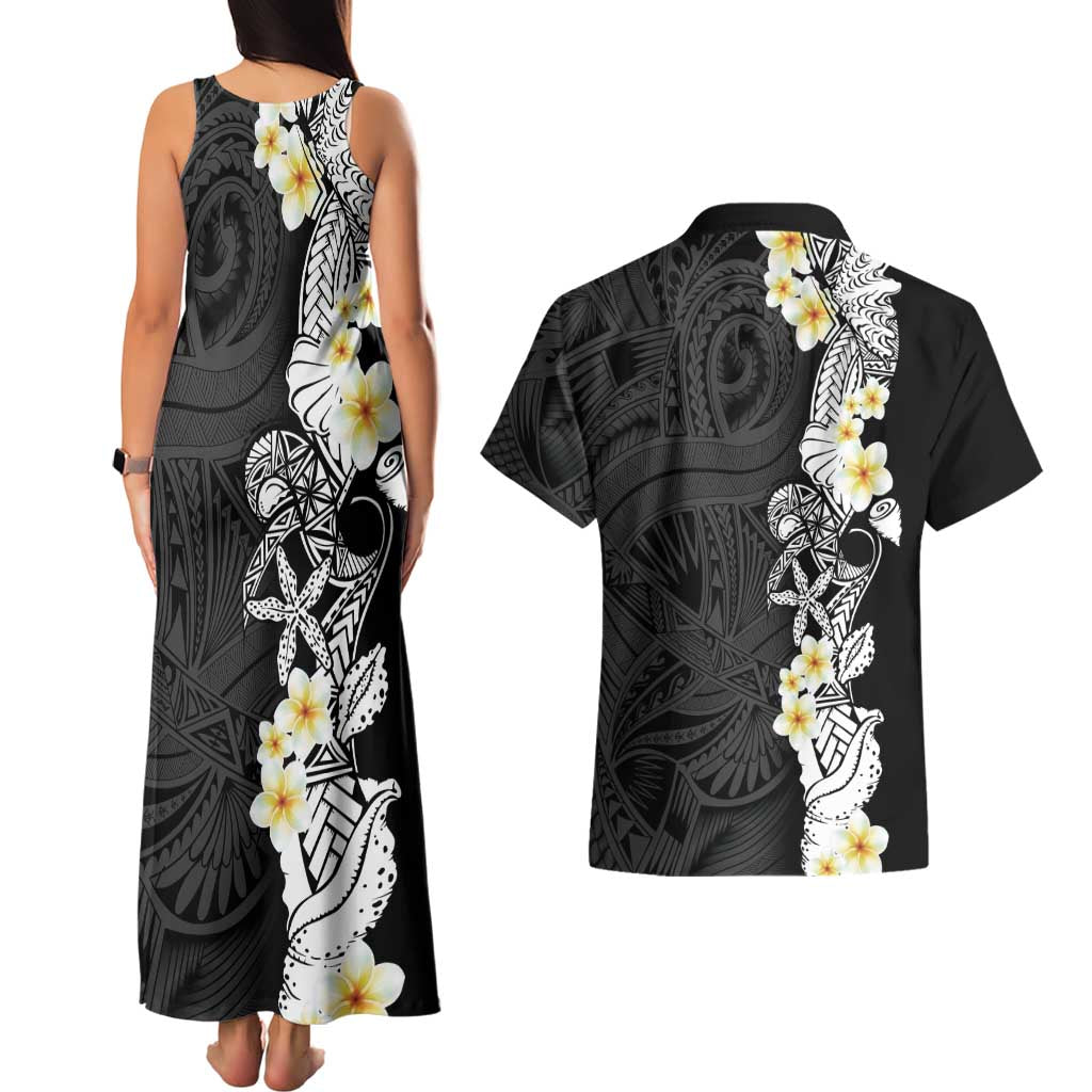 Black Samoa Tattoo Couples Matching Tank Maxi Dress and Hawaiian Shirt Plumeria Samoan Ocean Tatau Pattern LT14 - Polynesian Pride