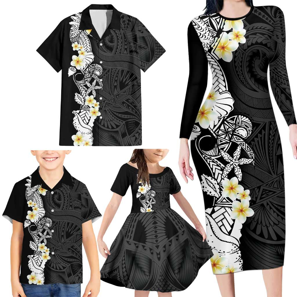 Black Samoa Tattoo Family Matching Long Sleeve Bodycon Dress and Hawaiian Shirt Plumeria Samoan Ocean Tatau Pattern LT14 - Polynesian Pride